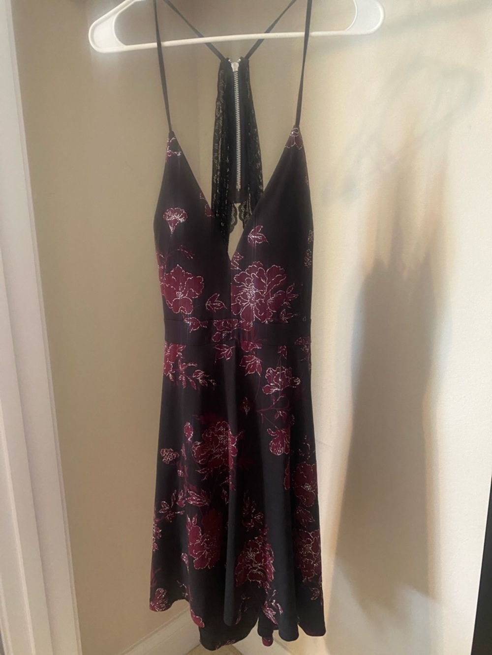 le chateau Black Mini Dress with Burgundy Floral Print